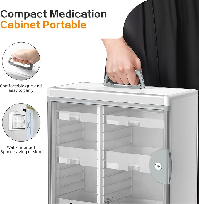 Glosen Lockable Medicine Cabinet with 6 Removable Trays, Wall Mounted & Portable Locking Medicine Cabinet Organizer with Key Lock for Home, Bathroom, Office - Aluminum Frame(15.63 * 6.5 * 15.43Inch)