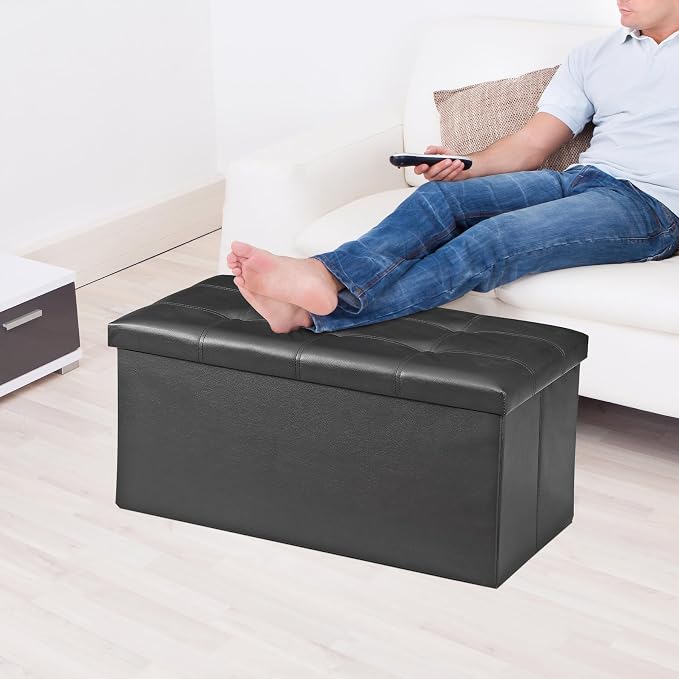 ZenStyle 30Inches Storage Ottoman Bench, Folding Footrest Stool, Storage Chest Long Shoes Bench with Foam Padded Seat, Holds up to 350 lbs, for Living Room, Entryway, Bedroom, (Black, 30 inches)