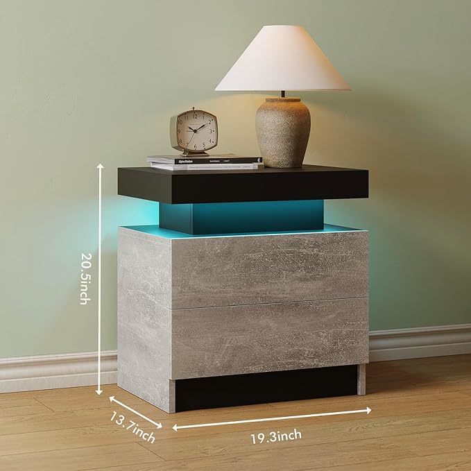 LED Nightstand Bedside Drawer Led Cabinet LED Lights Modern End Side Table with 2 Drawers for Bedroom Grey