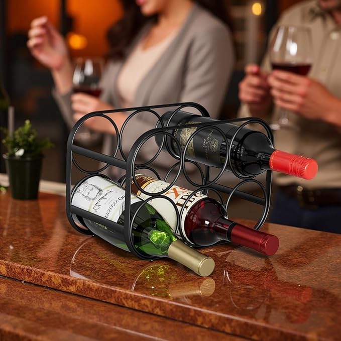 Buruis 6-Bottle Wine Rack, Modern Metal Countertop Wine Holder Stand for Kitchen, Pantry & Cabinet Storage, No Assembly Required, Black