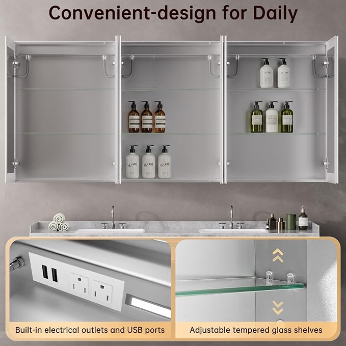 96"x40" LED Lighted Medicine Cabinet Mirror with Electrical Outlet & USB, Anti-Fog, 3 Color Temperature Stepless Dimmable, Aluminum Cabinet for Bathroom Storage and Modern Decor