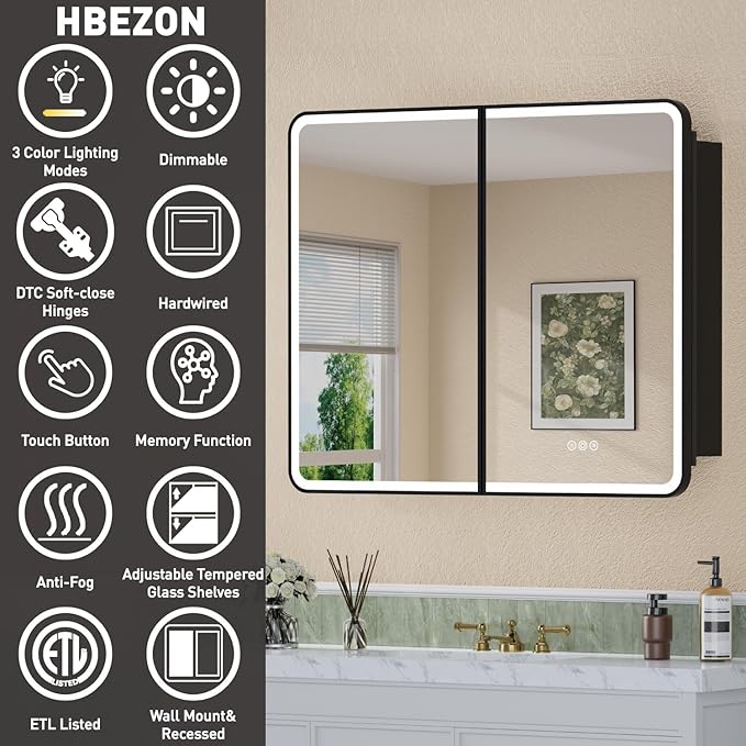 32 x 30 Inch Recessed Medicine Cabinet Mirror with Lights, Wall Mounted LED Bathroom Mirror Cabinet, Dimmable, Anti-Fog, Memory Function, 3 Color Modes, Adjustable Shelf, ETL Certified, Black