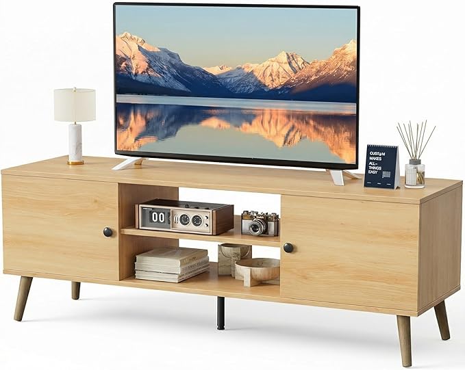 Sweetcrispy TV Stand for 55 60 inch TV, Modern Mid Century Entertainment Center with Storage, Media Console Table 2 Cabinet, Soft Hinge, Handle Door, Wooden Living Room, Office Furniture, Oak