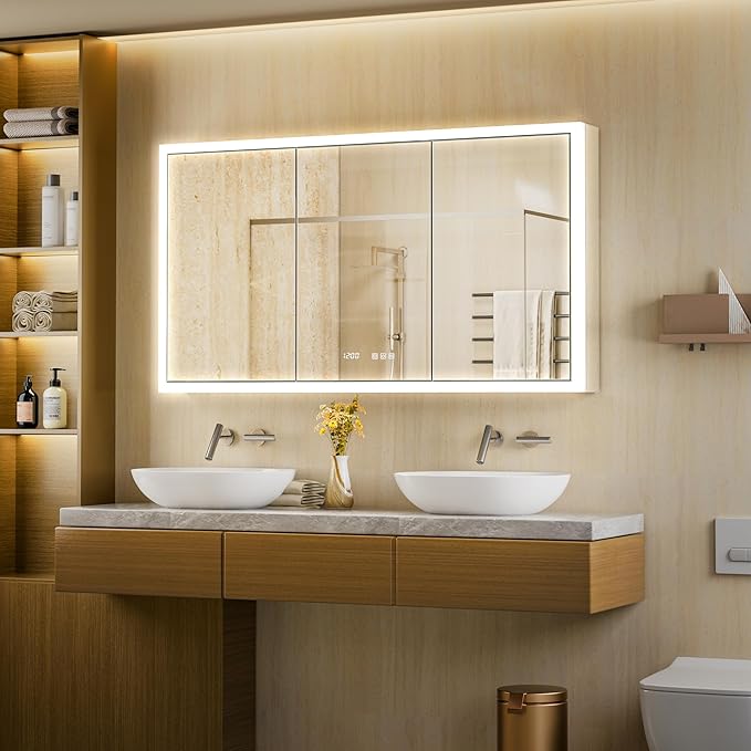 54x30 Lighted Medicine Cabinet with Mirror, Recessed or Surface LED Medicine Cabinet with Outlet&Clock, Adjustable Shelves,3 Color Dimmable, Anti-Fog, Built-in Auto-Sensing Light