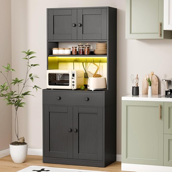 Korfile 71" Tall Kitchen Pantry Storage Cabinet with Power Outlet & LED Light, Freestanding Food Pantry Cabinet with 4 Doors and Shelves, Cupboard with Drawer, Hutch with Microwave Stand (Black)