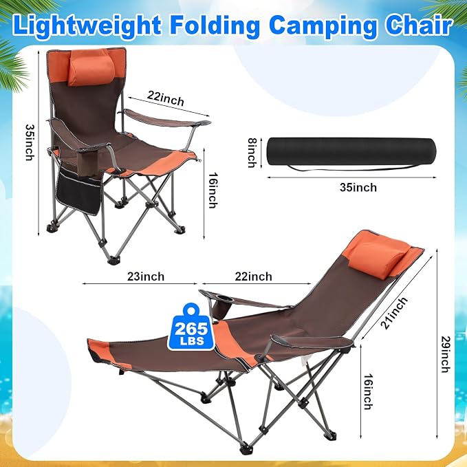 Yuntau 2 Set Reclining Beach Chairs with UPF 50+ Umbrellas Shade, Upgraded Heavy Duty Portable Folding Lounge Camping Chair with Canopy Removable Footrest & Headrest for Outdoor Patio(Orange,Green)
