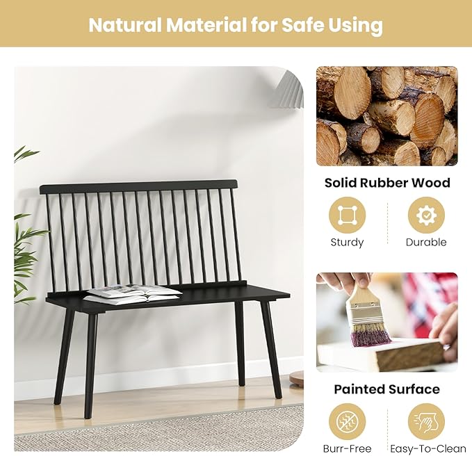 Giantex Dining Bench with Back, Black Windsor Bench with Spindle Back & Anti-Slip Foot Pads, Farmhouse Rubber Wood Dining Bench, Indoor Wooden Entryway Bench for Living Room, Dining Room, Hallway