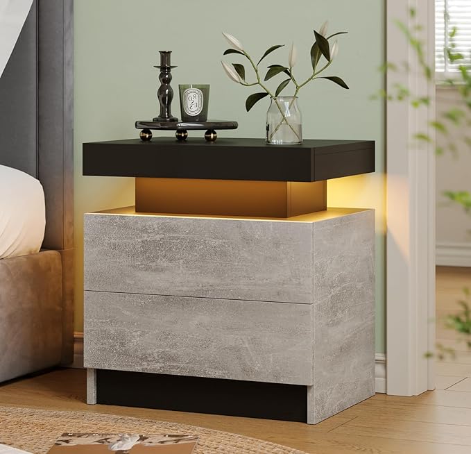 LED Nightstand Bedside Drawer Led Cabinet LED Lights Modern End Side Table with 2 Drawers for Bedroom Grey