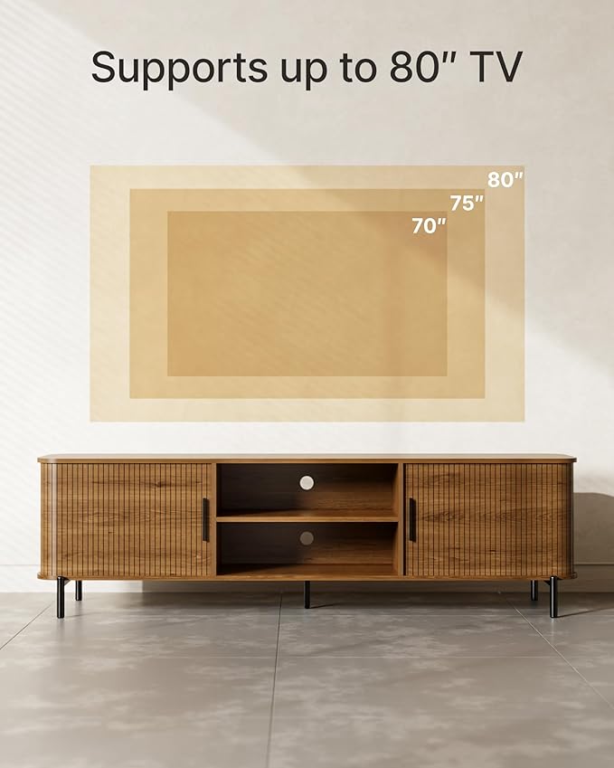 SUNCOZE 70" Mid-Century Fluted TV Stand with Storage, Modern Entertainment Centerfor TVs up to 80 Inch with Sliding Tambour Doors & Open Shelves, Media Console for Living Room or Bedroom (Walnut)