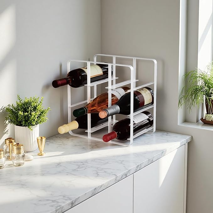 Buruis 9-Bottle Wine Rack, Modern Metal Countertop Wine Holder Stand for Kitchen, Pantry & Cabinet Storage, No Assembly Required, White