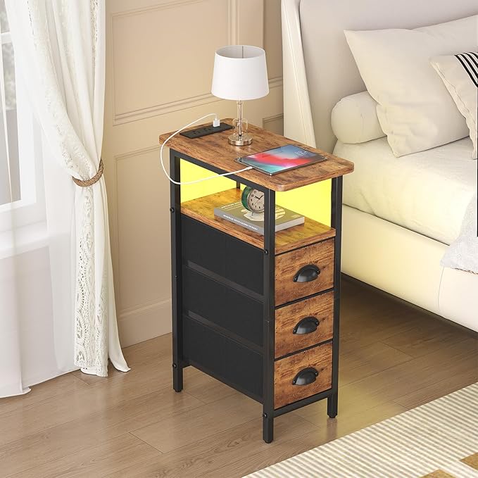 sthmec End Table with Charging Station,LED Side Tables with USB Ports and Outlets,Skinny Bedside Table with 3 Drawers,Small Nightstands for Small Space,Slim Sofa Table for Livingroom,Rustic Brown