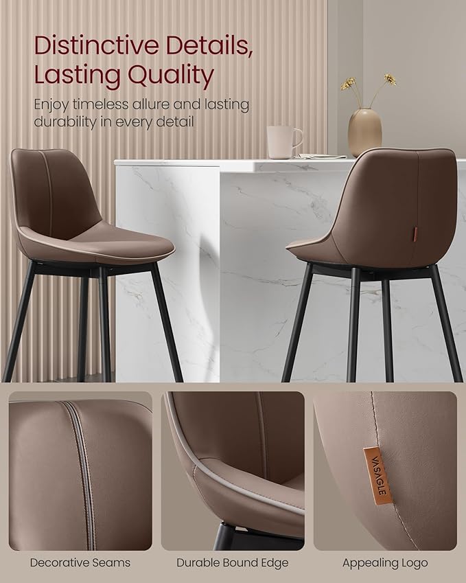 VASAGLE Bar Stools Set of 4, Bar Height Bar Stools with Back, Ergonomic Backrest, Synthetic Leather, Metal Legs, 28.5-Inch Tall Barstools for Kitchen Island Home Bar, Easy Assembly, Coffee Brown