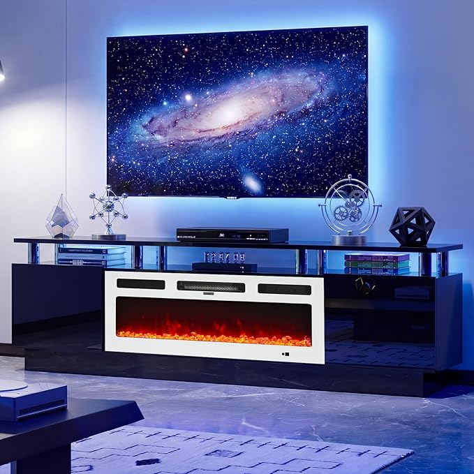 90" TV Stand for Living Room, Large Entertainment Center & Media Console, Fits TVs up to 100", Storage Cabinet with Shelves, 50" Electric Fireplace, Black & White