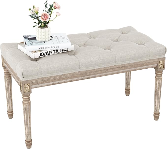 Yusong Upholstered Bench, Bedroom Bench for End of Bed, Piano Bench with Button Tufted Padded Seat for Living Room, Dining, Entryway, Shoe, Vanity Foot-Stool with Carved Wood Legs, Beige