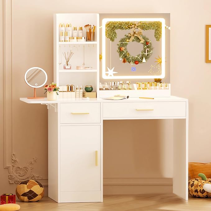 ERLEJIA Vanity Desk with Mirror and Lights, 39.37" Makeup Desk with Power Outlet, 4 Drawers and Open Shelves Makeup Vanity with Extral Foldable Desk for Bedroom, White