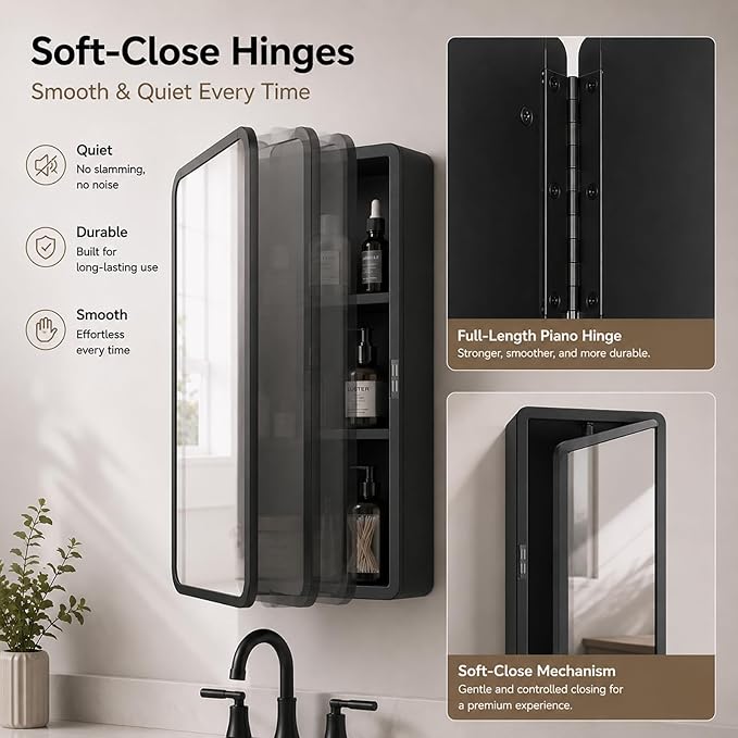 Medicine Cabinet with Mirror, 16x22 inch Black Recessed Medicine Cabinet or Surface Wall Mount Bathroom Cabinets with Adjustable Shelves Metal Framed Mirror, Rounded Rectangle Storage Cabinet