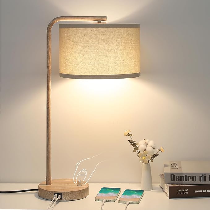 Farmhouse Table Lamp, Fully Dimmable Bedisde Nightstand Lamp with USB C+A Charging Ports, Modern Tall Table Lamp Desk Reading Lamp for Living Room, Bedroom, Office, 9W LED Bulb Included
