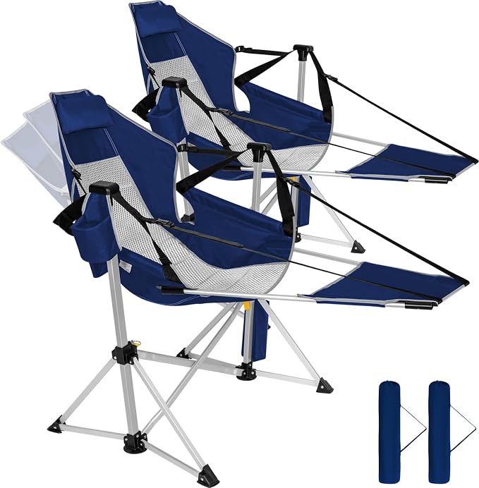 2 Pack Oversized Swing Hammock Camping Chairs with Footrests & Headrests, 440LBS Aluminum Reclining Outdoor Lounge Chairs, 49" Tall Folding Chairs with Cup Holders,Blue