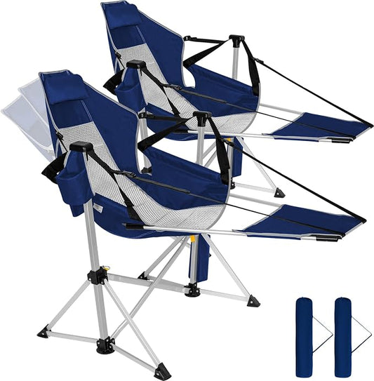 2 Pack Oversized Swing Hammock Camping Chairs with Footrests & Headrests, 440LBS Aluminum Reclining Outdoor Lounge Chairs, 49" Tall Folding Chairs with Cup Holders,Blue
