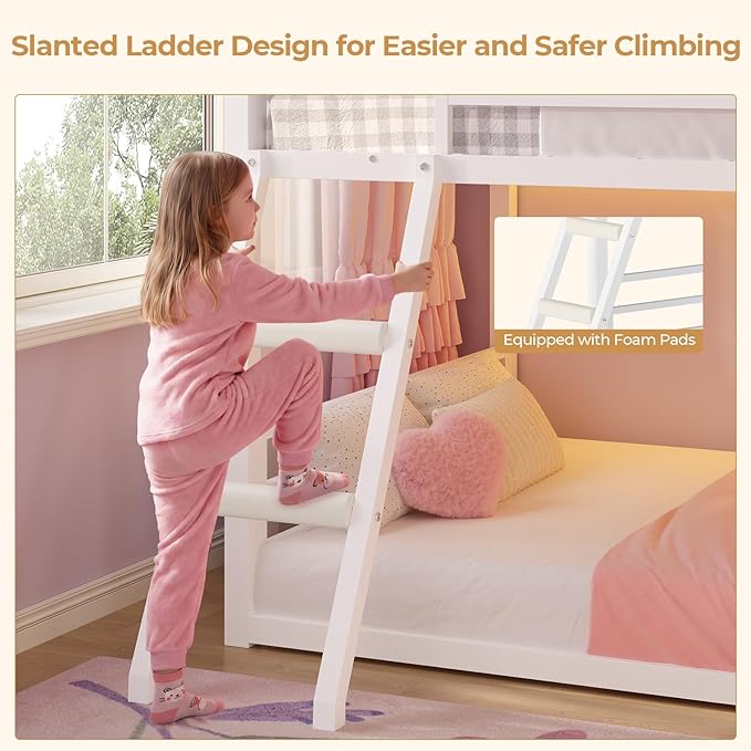 BTHFST Low Bunk Bed Twin Over Twin with 7 Large Fabric Drawers & Bookshelf, Metal Bunk Bed with RGB LED Lights & Slanted Ladder & Safety Guardrail, Kids Low Loft Bed Twin for Small Space, White
