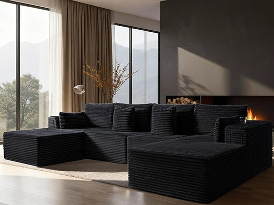 138" Cloud Sectional Couch, Comfort U Shaped Boneless Couch for Living Room, Extra Deep Seats No Assembly, Minimalist Modular Sofa, Corduroy (Black, 3 Seater+Right Facing Chaise+Ottoman)