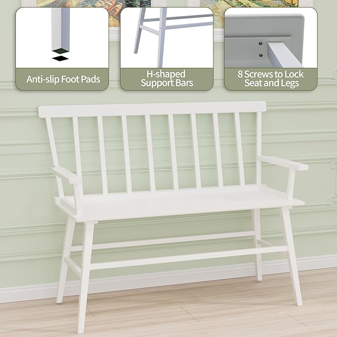 APRTAT Bamboo Entryway Bench, Farmhouse Dining Bench with Spindle Back & Armrest 3 Person Indoor Bench Chair Wood Windsor Bench Durable Easy Assembly for Foyer Balcony Hallway Living Room (White)