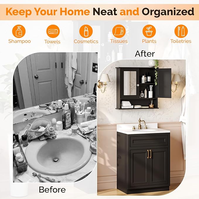 VINGLI Black Medicine Cabinet with Mirror, Wall Mounted Bathroom Cabinet with Open Shelf, 2-Door Hanging Storage Organizer Over Toilet, Adjustable Shelves for Vanity, Living Room, 22x23 Inch