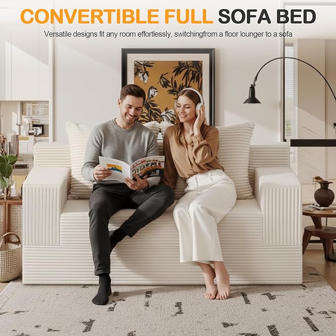 Erament Convertible Sofa Bed, Loveseat Folding Floor Futon Sleeper Sofa Couch Bed- Boneless Foldable Couch, Corduroy Pull Out Sofa Bed with 2 Pillows for Living Room & Bedroom
