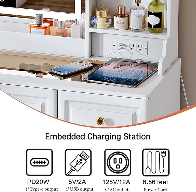 Arulvmrn 43" Makeup Vanity Desk with Mirror and Lights, & Power Outl, Glass Top Big Vanity Table with 9 Drawers& 8 Storage Shelves, Dressing Table Set with Chair for Bedroom, White