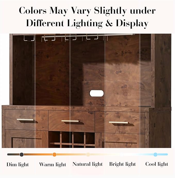 77" Tall Wine Bar Cabinet with Storage Hutch and 3 Drawers, Coffee Bar Cabinet with LED Lights and 24 Bottle Wine Rack for Home Dining Room Kitchen, Dark Burl