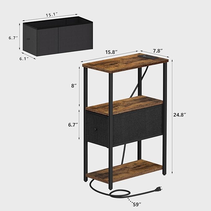 TUTOTAK Small Narrow End Table with Charging Station, Set of 2, Side Table with Outlets, Nightstand with Cloth Drawer, Couch Table, for Living Room, Bedroom, Bedside, Brown and Black TB01BB058K
