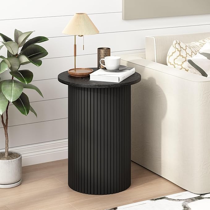 Wnutrees Round Fluted End Table, Small Accent Pedestal Side Table, Wood Fluted Nightstand Bedside Table for Living Room, Handcrafted Finish, Black