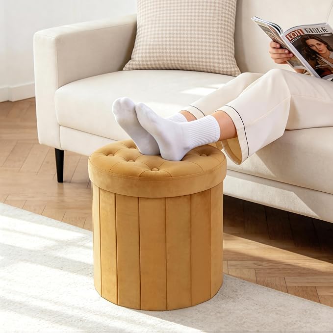 CAROLMADE Round Storage Ottoman,Velvet Folding Footrest Stool with Thicker Foam Padded Seat,Versatile Vanity Stool for Living Room,Bedroom or Dorm,Orange
