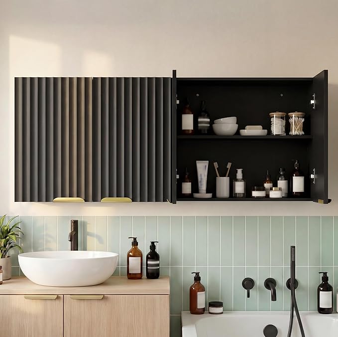 ChooChoo 4 Doors Wall Cabinet Laundry Room, Bathroom Wall Cabinet with Adjustable Shelf, Fluted Wall-Mounted Medicine Cabinet, Storage Cabinet for Kitchen, Garage, Black