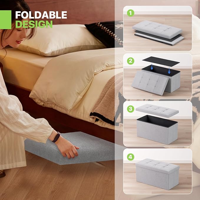 Magshion Folding Storage Ottoman Bench, 30 Inches Ottoman Foot Rest, End of Bed Bench, Storage Chest for Living Room, Entryway, Bedroom, 600 lbs Load Capacity, 15 x 30 x 15 Inches, Light Gray