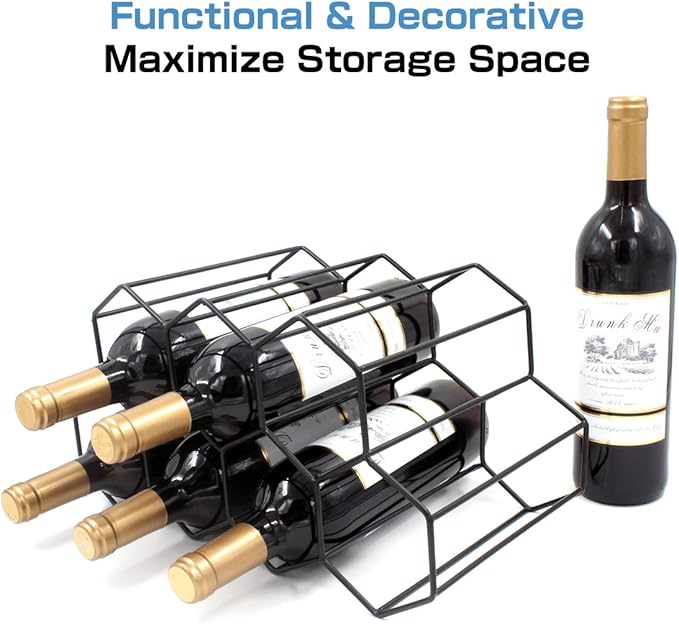 Buruis 9-Bottle Countertop Wine Rack, Honeycomb Metal Wine Holder for Red & White Wines, Standing Bottle Organizer for Home, Kitchen, or Bar, Black