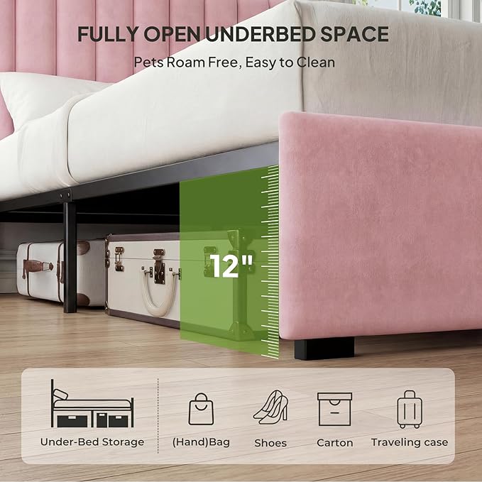 Welzona Upholstered Bed Frame Queen Size with Headboard, Velvet Vertical Channel Tufted Metal Platform Bed with 3-Level Height, Under-Bed Storage and Metal Support, Noise Free, Easy Assembly, Pink