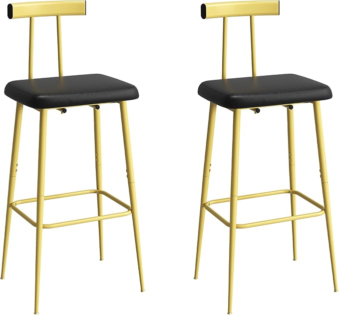 Bar Stools Set of 2, Tall Bar Stools with Backrest and Footrest, Counter Height Bar Chairs, Industrial Barstools with PU Leather Cushion, for Kitchen, Dining Room, Bar, Cafe (Gold) KBS515GC