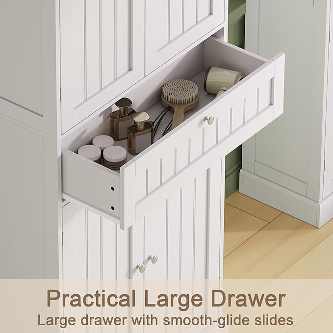 ChooChoo 72" H Tall Bathroom Floor Cabinet, Modern Bathroom Storage Cabinet with Drawer and Adjustable Shelves, Freestanding Kitchen Pantry Cupboard with 4 Doors for Living Room, White