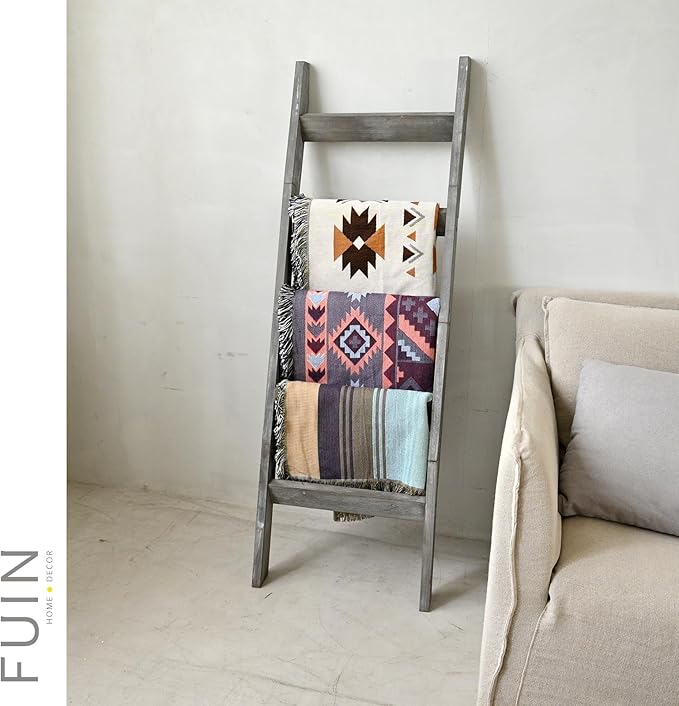 FUIN 5ft (58") Wood Blanket Ladder Living Room Decorative Wall Leaning Farmhouse Quilt Display Holder Storage Rustic Wooden Towel Rack for Bathroom, Grey