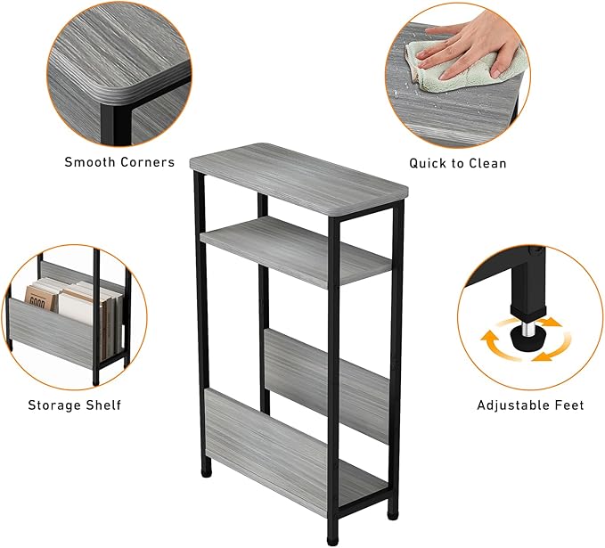 THUMEYE 7.1" Narrow Side Table for Small Spaces, 3 Tier Small End Table with Magazine Holder, Slim/Skinny Nightstand/Bedside Table for Living Room, Bedroom, 15.4" L x 24.2" H, Gray