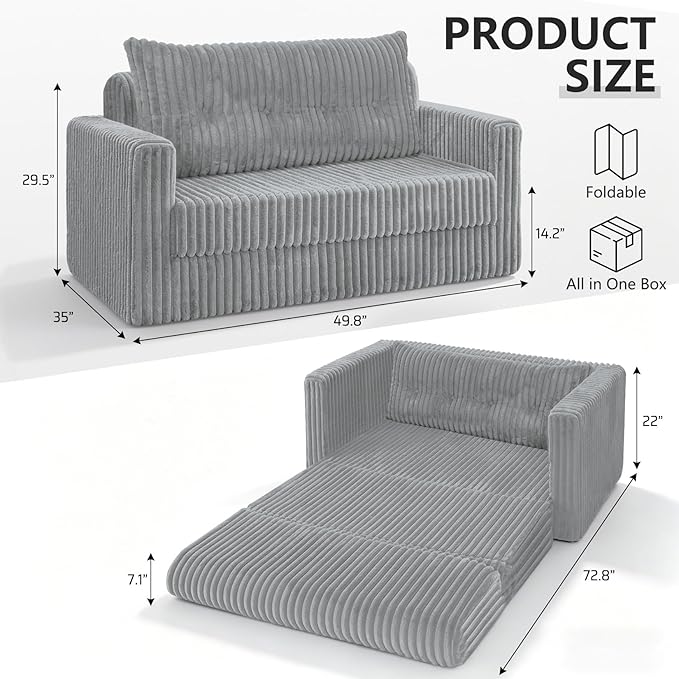 HABUTWAY 49.8" Loveseat Boneless Couch, 4-in-1 Convertible Sofa Bed, Plush Fur Folding Futon Sofa Bed Couches with a Pillow for Living Room, High-Density Foam Support, No Assembly Required, Light Grey
