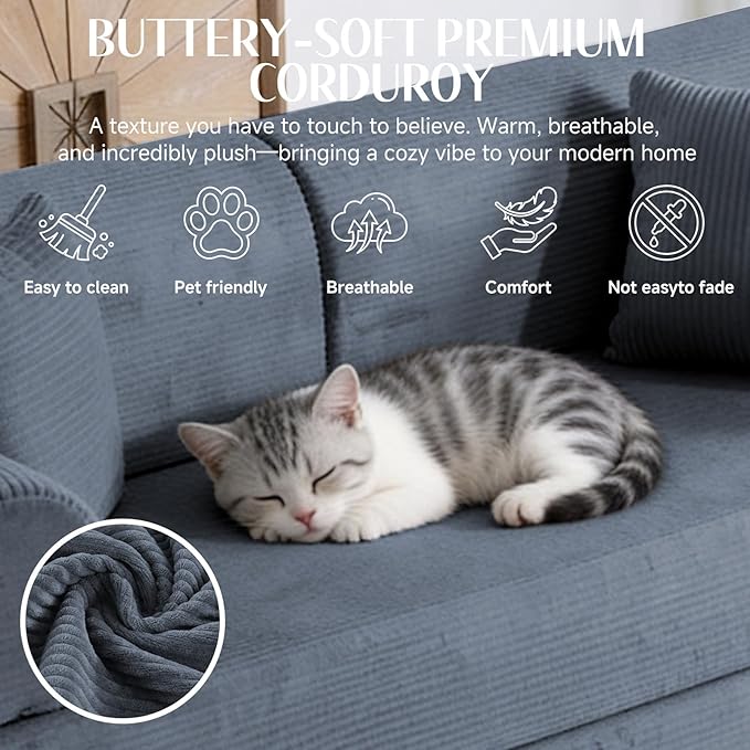 78.8" Convertible Sofa Bed with Detachable Arm Pillow, 6-in-1 Sectional Couches for Living Room, Corduroy Boneless Couch, Sleeper Loveseat Couch Bed, No Assembly, Gray Couch