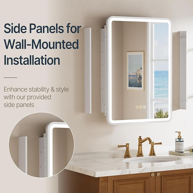 24x30 Inch Medicine Cabinet with Mirror, Recessed or Surface Mount Bathroom Medicine Cabinet with LED Lights, Anti-Fog, Memory Function, Adjustable Shelf, Dimmable Light, ETL Listed, White,Left Hinge