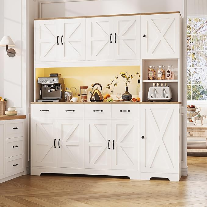71" Tall Kitchen Pantry with LED Lights & Charging Station, Farmhouse Storage Cabinet with 4 Drawers & 6 Cabinets, Modern Kitchen Hutch for Dining Room with Adjustable Shelves, White