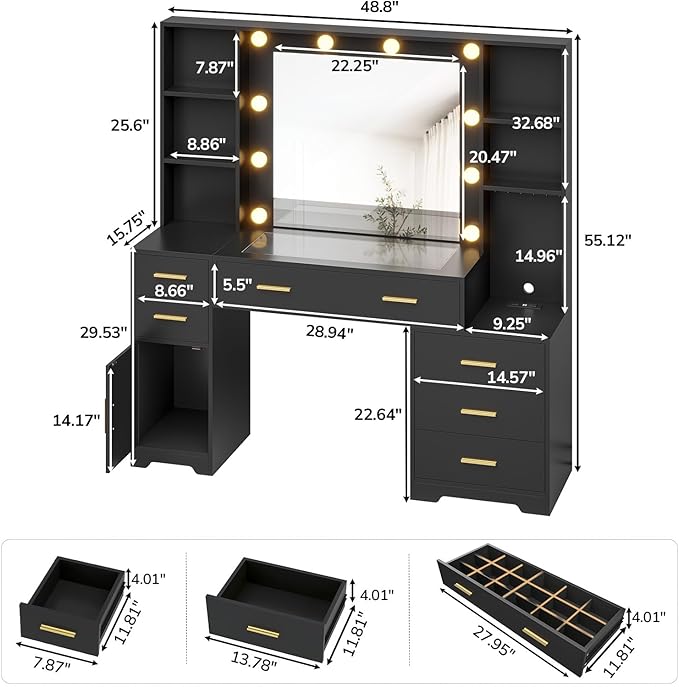 Hasuit 48.8'' Large Vanity Desk with Lighted Mirror & Power Outlet, Black Makeup Vanity Table with 6 Drawers, 4 Shelves and 1 Storage Cabinet, Glass Tabletop Bedroom Dressing Table, 3 Lighting Modes