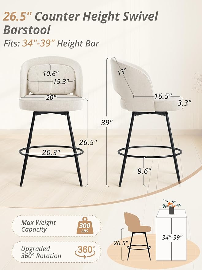 LUE BONA 26''H Swivel Bar Stools Set of 2, Counter Height Bar Stools with Backs, Lumbar Pillow and Black Metal Frames, Upholstered Modern Barstools for Kitchen Island, Linen Farbic, Linen Color