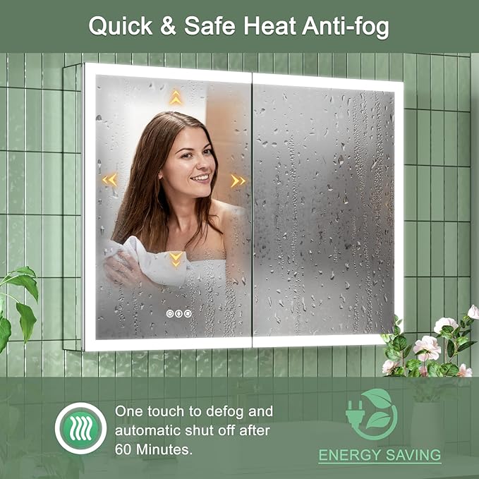 40x30 Inch Medicine Cabinet with Lights, AL Alloy Frame, Plug-in or Hardwired, Recessed or Wall Mount, Mirror Doors/3 Colors/Dimmable/Interior Sensor Light/Defog,2 Outlets & USBs,2 Shelves
