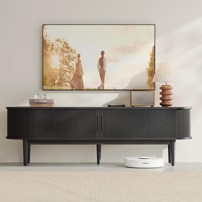 LINSY HOME 70" Fluted TV Stand for TVs up to 80 Inch, Mid Century Modern Entertainment Center with Storage Cabinet and Sliding Doors, Farmhouse Wood Media TV Console for Living Room, Bedroom, Black