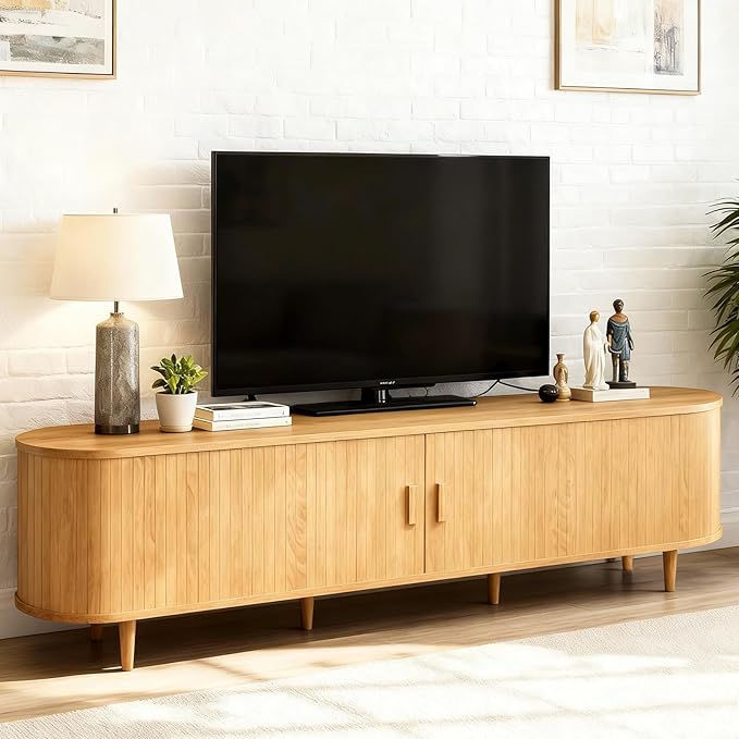 70" Mid Century Modern TV Stand, Wood TV Consoles with Sliding Doors and Power Outlet, Entertainment Center with Adjustable Shelves, Fluted TV Stands for Living Room, Oak